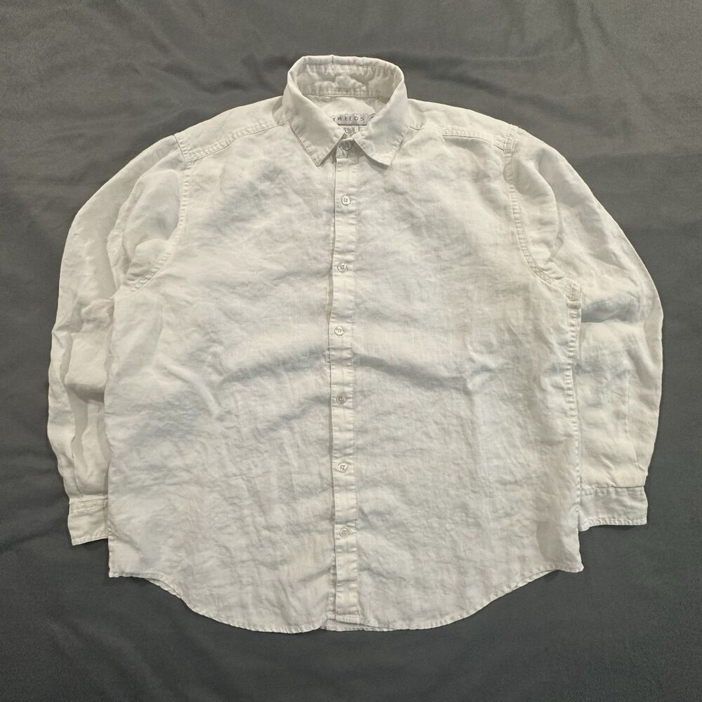 Vintage 90s Tweeds 100% Linen Shirt Button Front White Mens M Beach Costal